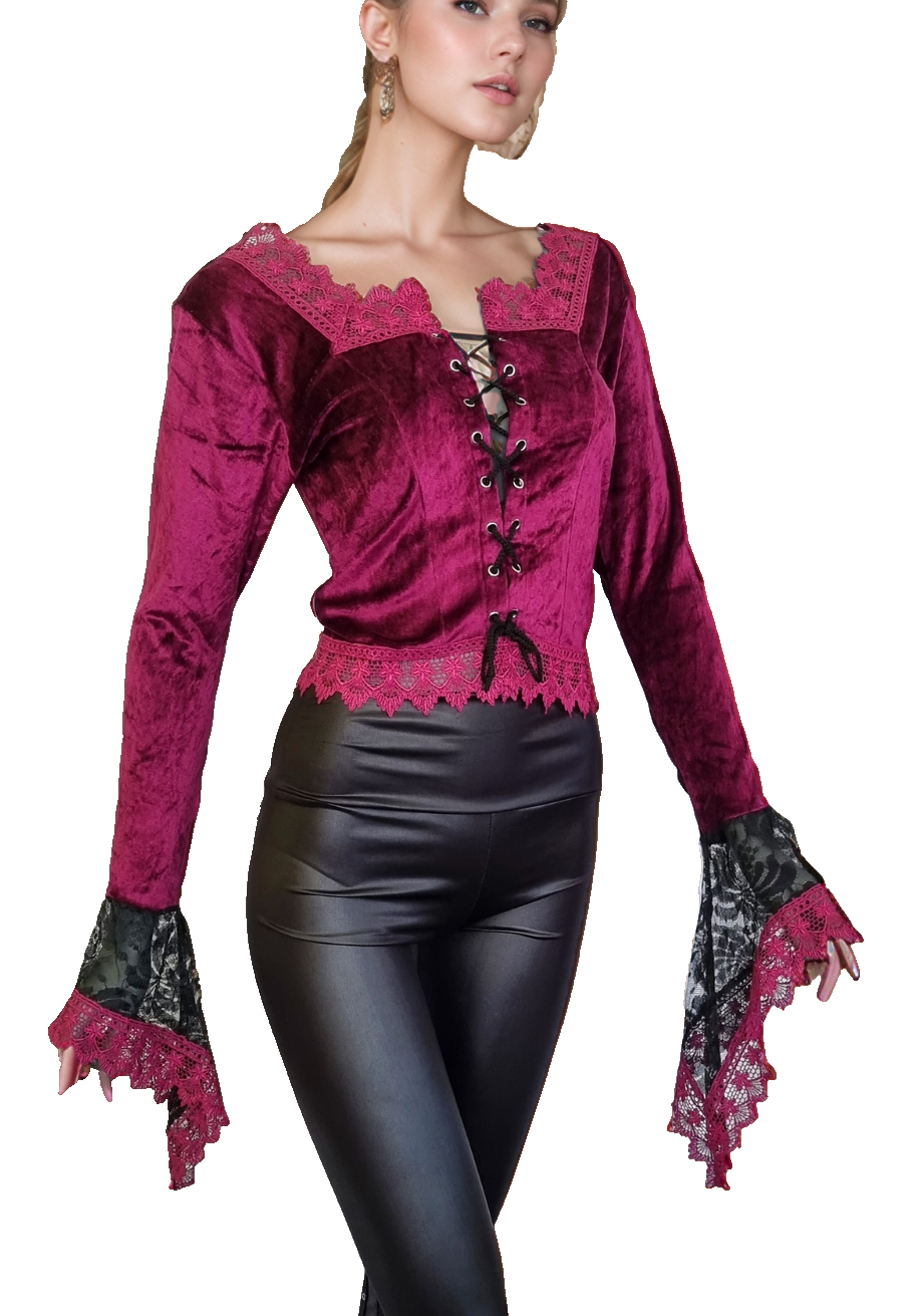 Kurz-Bluse Boho Ethno Gothic bordeaux lila Zipfel Corsagenschnürung 36-40