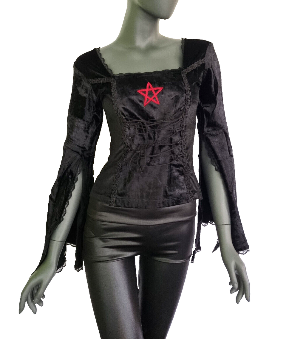Gothic Samt-Bluse bordeaux Pentagramm Witch Dark role-playing Gr.38/40