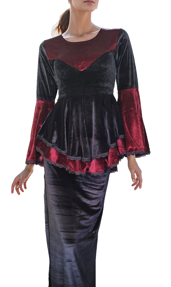 SamtTunika Gothic Witch Medieval Victorian schwarz-bordeaux Larp Gr.34-38
