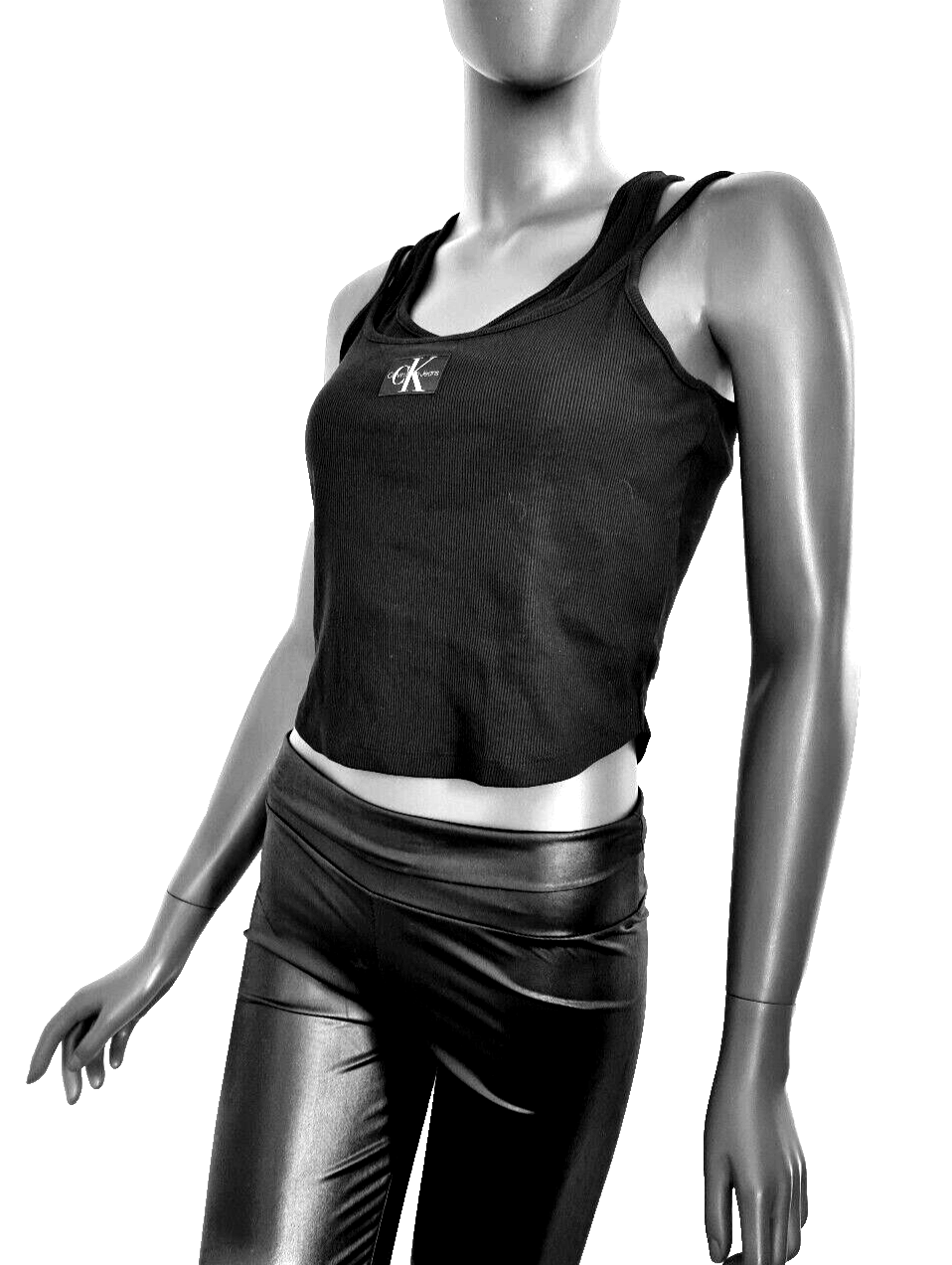 Calvin Klein Badge Rib double Layer Top crop black Gr.L 38-40