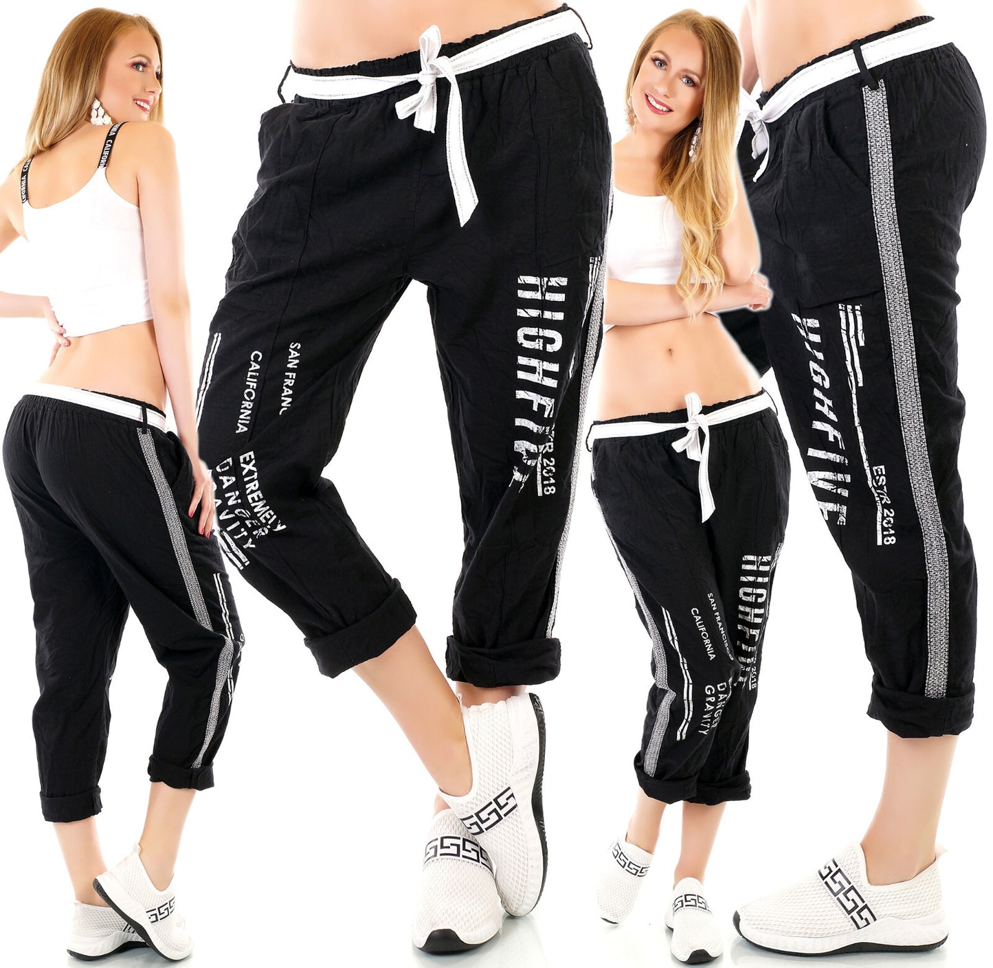 Joggpants Baggyhose Print Leinenhose mit Gürtel Gr.34-38