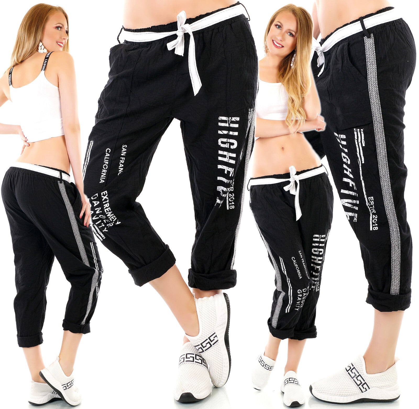 Joggpants Baggyhose Print Leinenhose mit Gürtel Gr.34-38