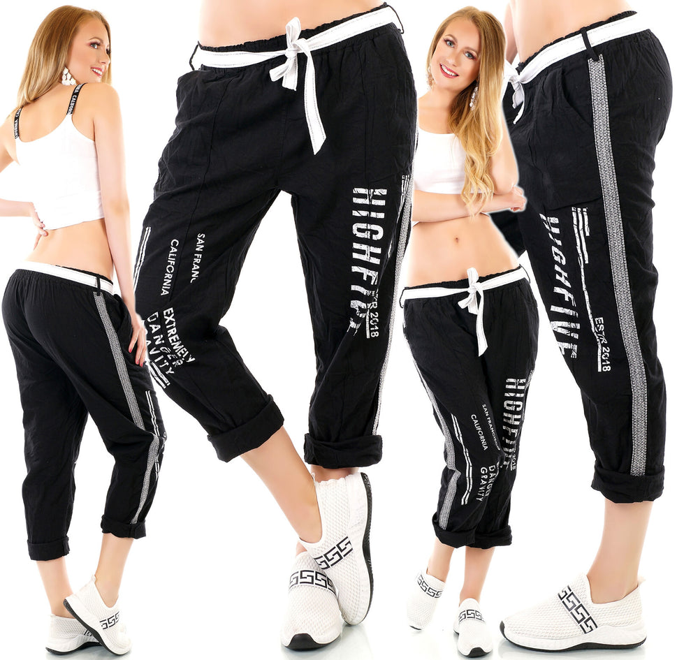 Joggpants Baggyhose Print Leinenhose mit Gürtel Gr.34-38