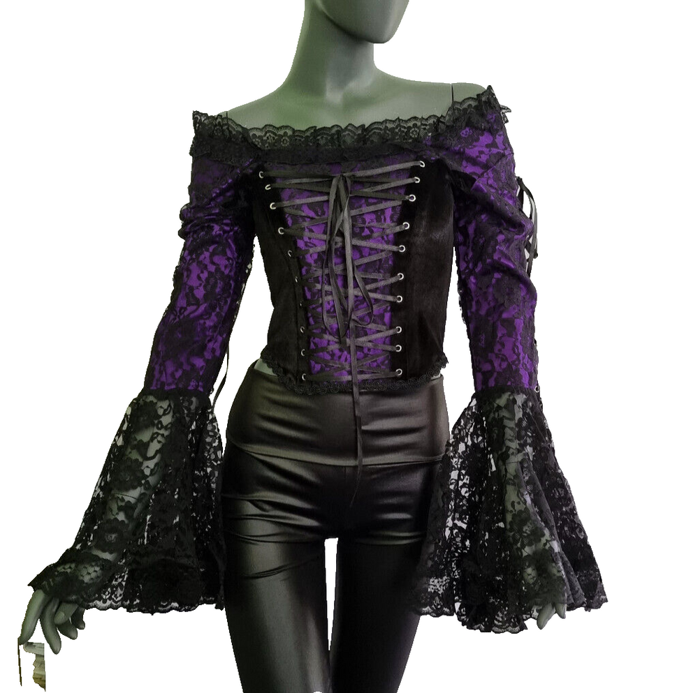 Samt Carmenbluse Mieder Spitze viktorian Barock Gothic Punk Corsagenbluse 34/36