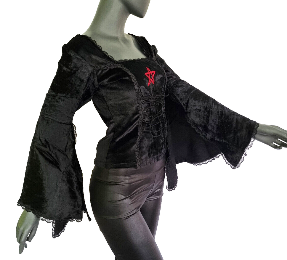 Gothic Samt-Bluse bordeaux Pentagramm Witch Dark role-playing Gr.34-38