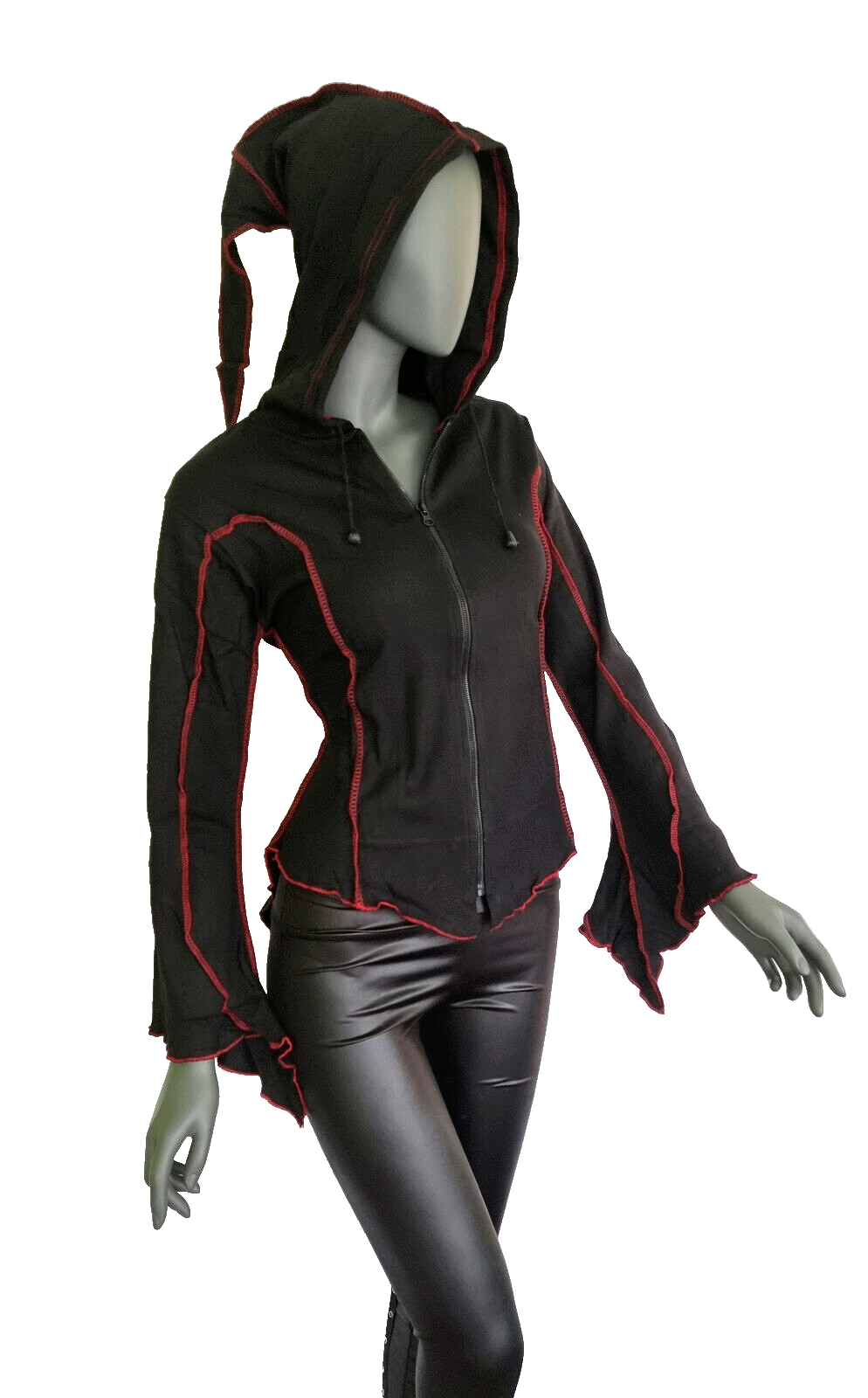 Gugel Shirtjacke Zipfel Goa Ethno Medieval Hippie Gothic schwarz-rot Gr.36-40