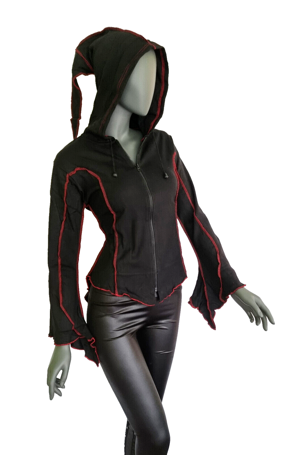 Gugel Shirtjacke Zipfel Goa Ethno Medieval Hippie Gothic schwarz-rot Gr.36-40