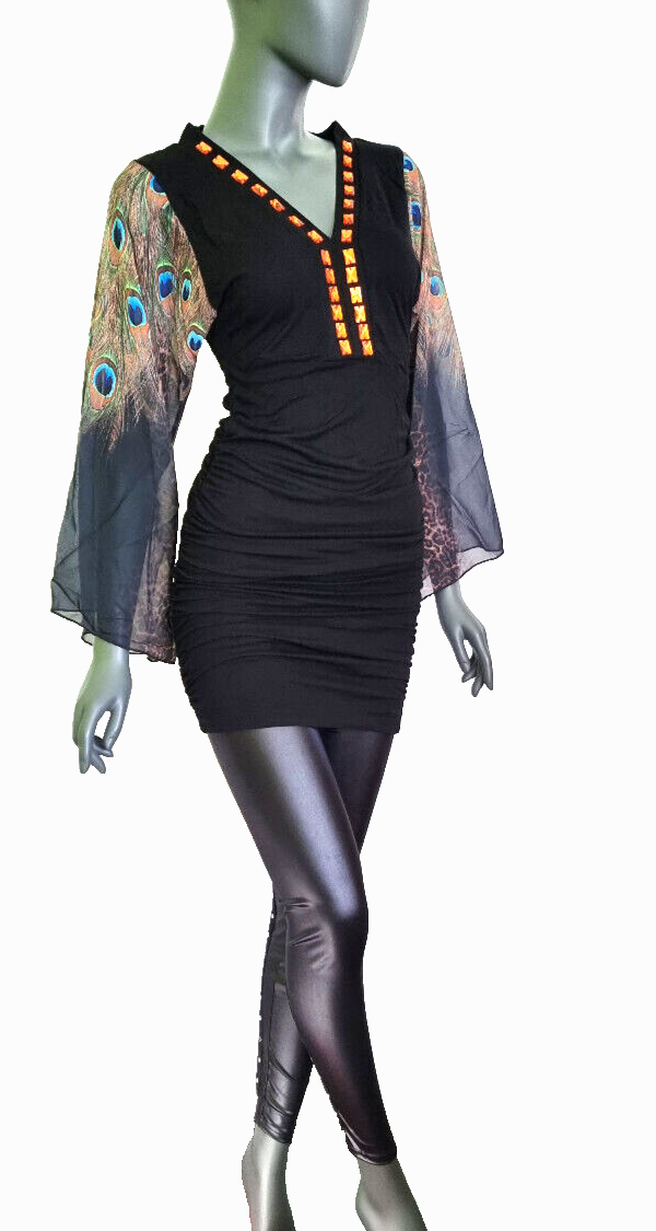 Melrose Peacock Mini-Kleid Longshirt Raffung Jersey Trompetenärmel Gr.34