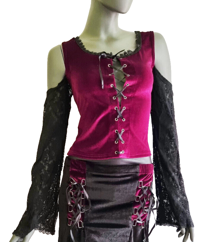 Samtshirt Schnürung Spitzenärmel off shoulder Gothic schwarz Gr. 34-38