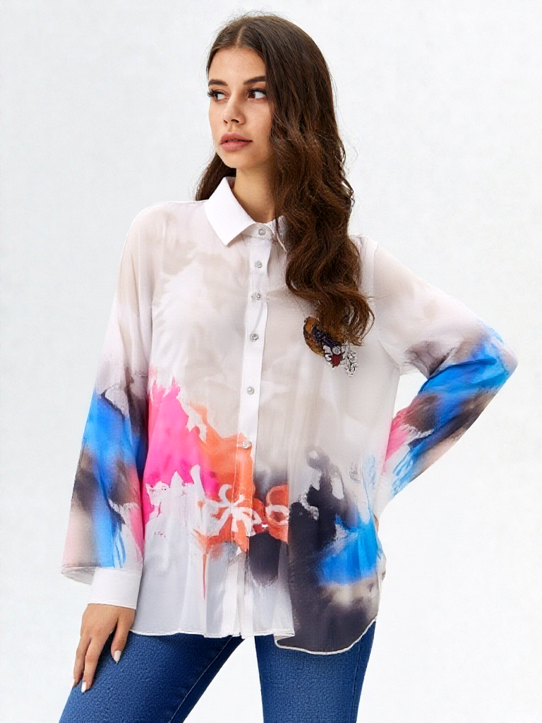 Missy Bluse Peanuts Print Nieten color batik halbtransparent Gr.S,M,L,XL