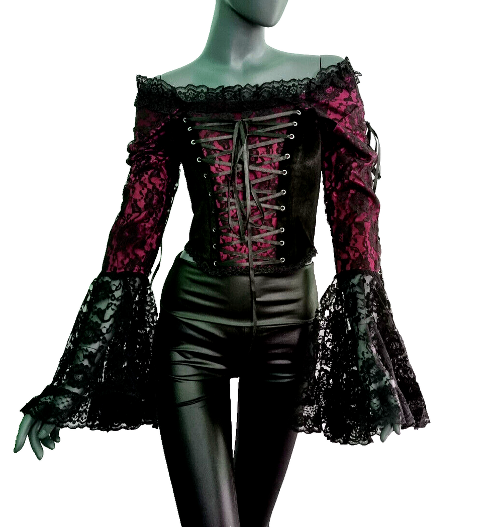 Samt Carmenbluse Mieder Spitze viktorian Barock Gothic Punk Corsagenbluse 34/36