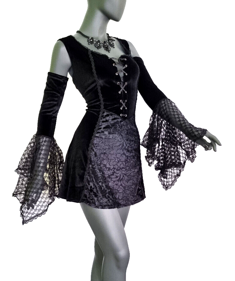 Bäres Samt Longshirt Kleid Gothic  Witch Medieval Punk schwarz Spitze  Gr.38-42