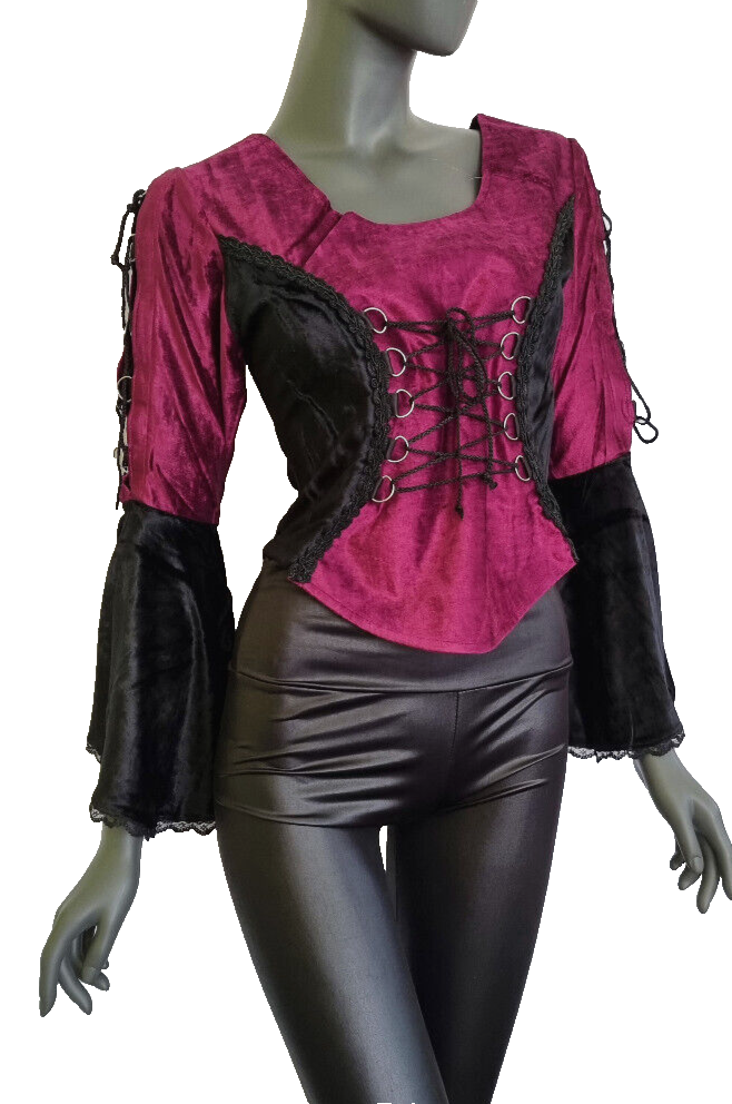 SamtBluse  Miederbluse Gothic Larp Witch Medieval schwarz-bordeaux Gr. 36-40