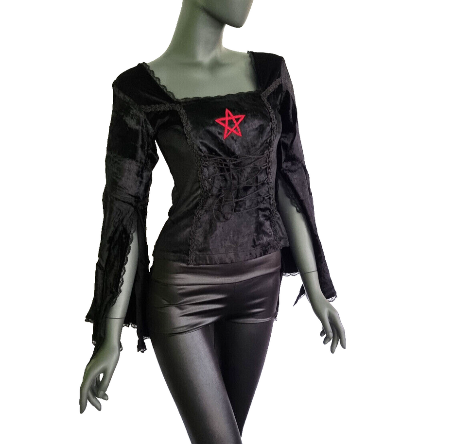 Gothic Samt-Bluse bordeaux Pentagramm Witch Dark role-playing Gr.38/40