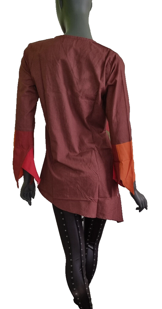 Damen Top Ethno Nepal Hippie Boho Patchwork braun-rot asymetrisch Gr.38-40