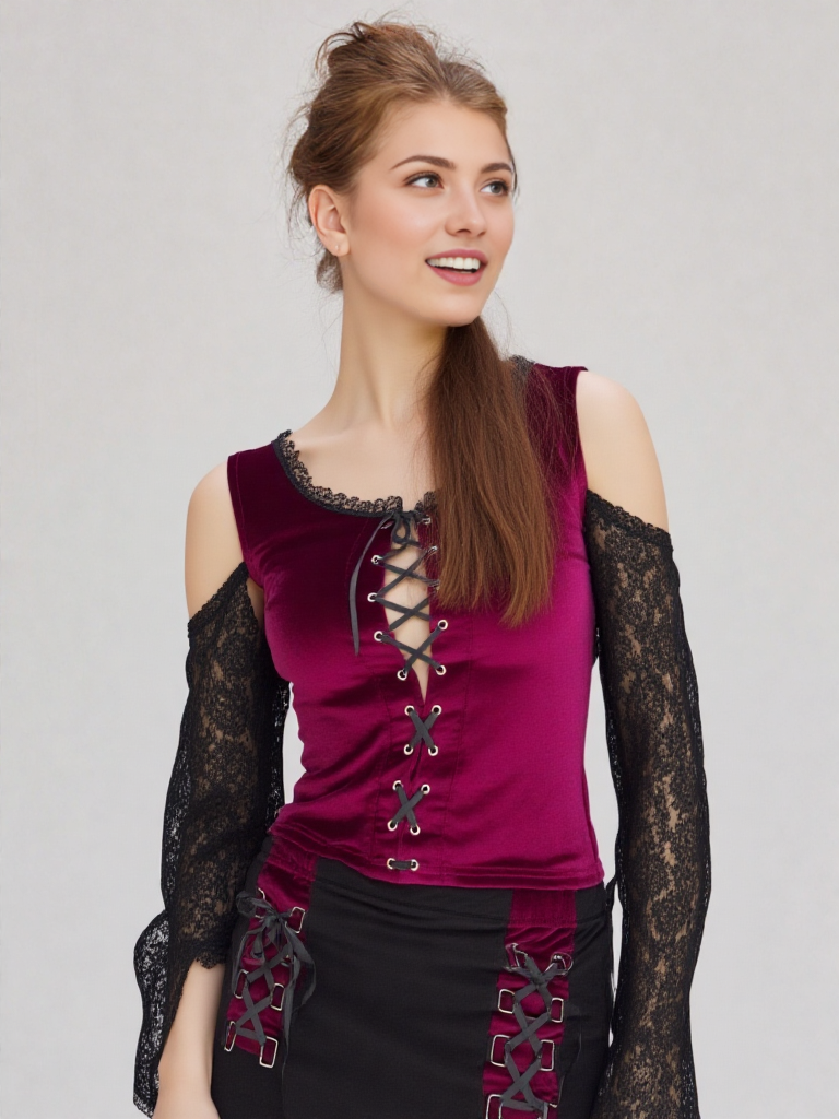 Samtshirt Schnürung Spitzenärmel off shoulder Gothic Gr. 34-38