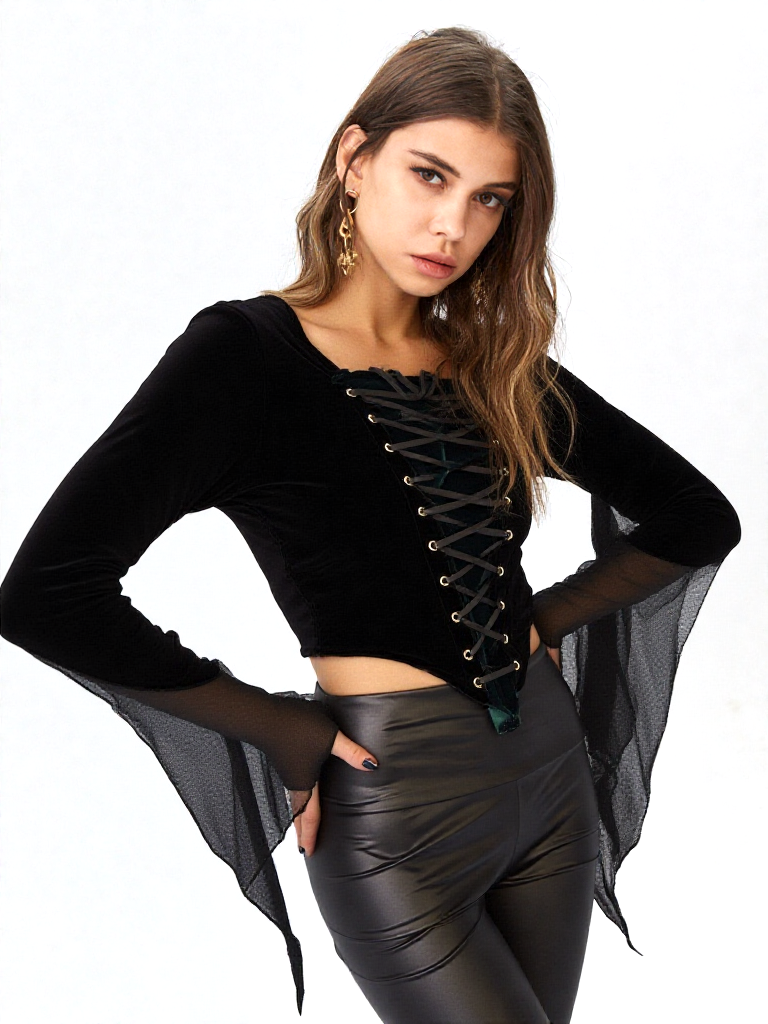 Samtbluse Miedershirt Gothic Witch Medieval schwarz grün Larp Gr.34/36