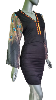 Melrose Peacock Mini-Kleid Longshirt Raffung Jersey Trompetenärmel Gr.38