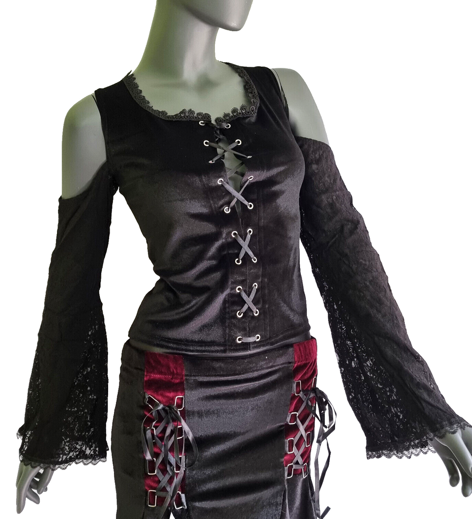 Samtshirt Schnürung Spitzenärmel off shoulder Gothic Gr. 38/40 kl.42