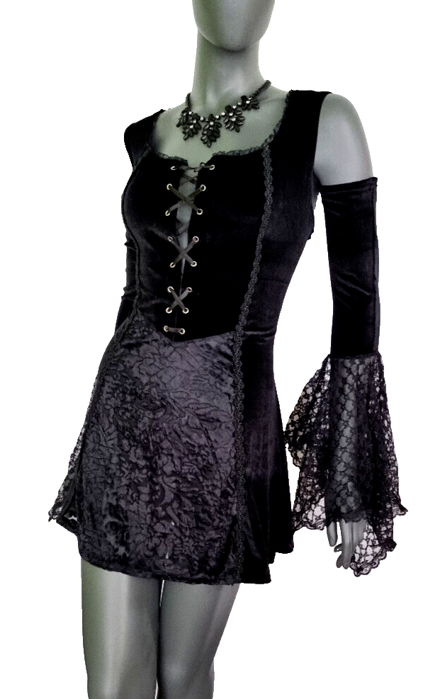 Bäres Samt Longshirt Kleid Gothic  Witch Medieval Punk schwarz Spitze  Gr.38-42