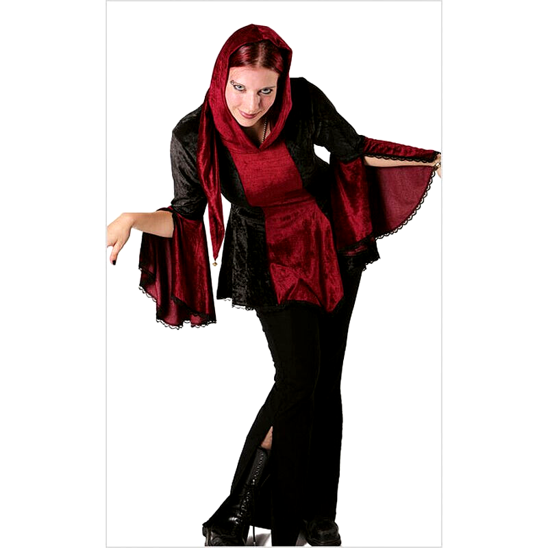 Bäres Gugel Samttunika Spitze Gothic Punk Medieval schwarz-bordeaux Gr.40-44