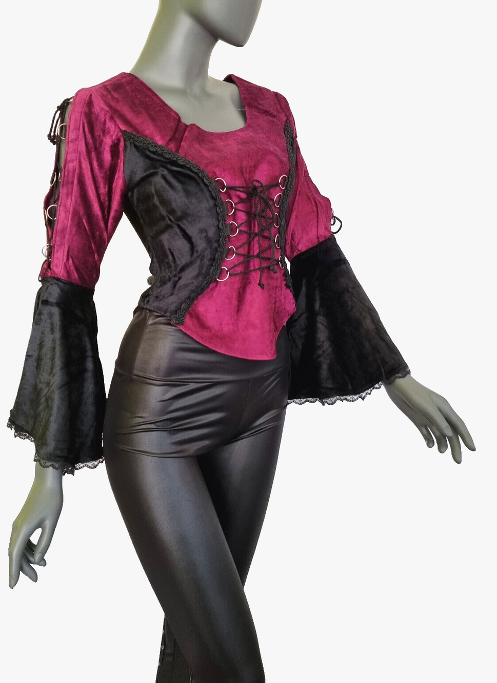 SamtBluse  Miederbluse Gothic Larp Witch Medieval schwarz-bordeaux Gr. 36-40