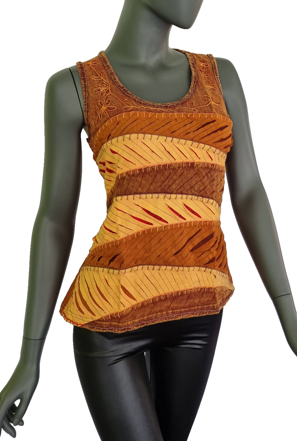 Razor Cut Damen Top Ethno Nepal Flower Hippie Boho Vintage orangebraun Gr.34-38