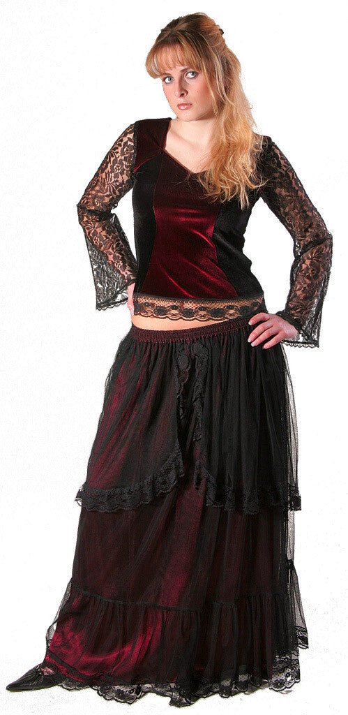 Samtshirt Spitzenärmel Gothic  Medieval victorian Larp schwaz rot Gr. 34/36
