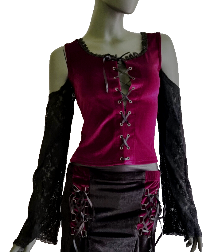 Samtshirt Schnürung Spitzenärmel off shoulder Gothic Gr. 34-38