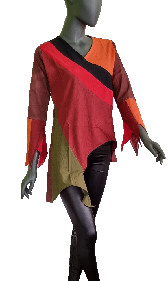 Damen Top Ethno Nepal Hippie Boho Patchwork braun-orange asymetrisch Gr.38-40