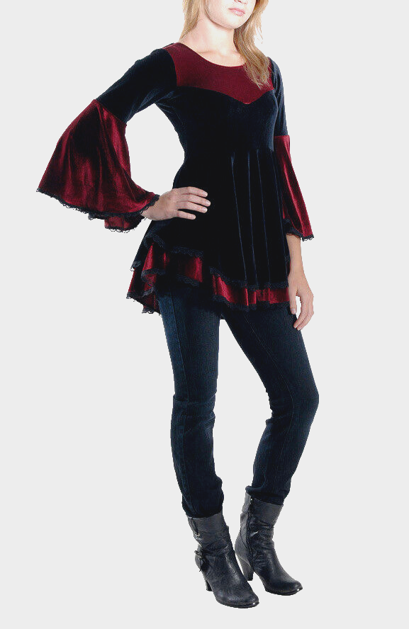 SamtTunika Gothic Witch Medieval Victorian schwarz-bordeaux Larp Gr.38-42