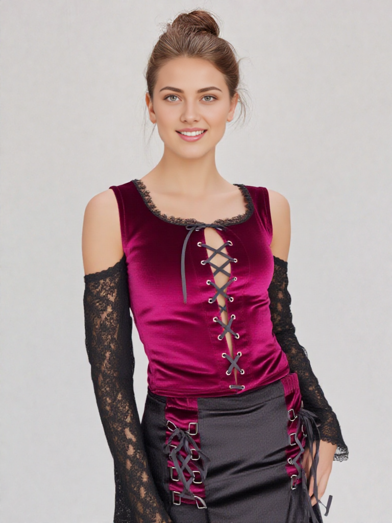 Samtshirt Schnürung Spitzenärmel off shoulder Gothic Gr. 38/40 kl.42