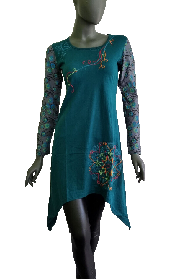 Longsleeve Kleid Nepal Patchwork Ethno  Hippie Boho blau Gr. 34/36 kl.38
