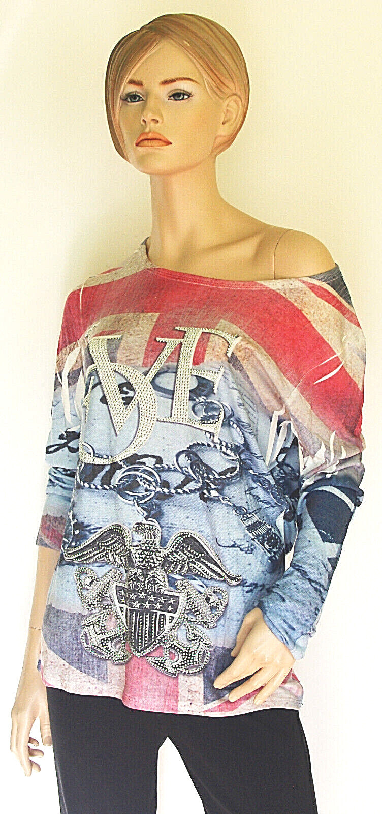 LUNA Italy Union Jack Oversize Vintage  Shirt mit Nieten Gr.34-38