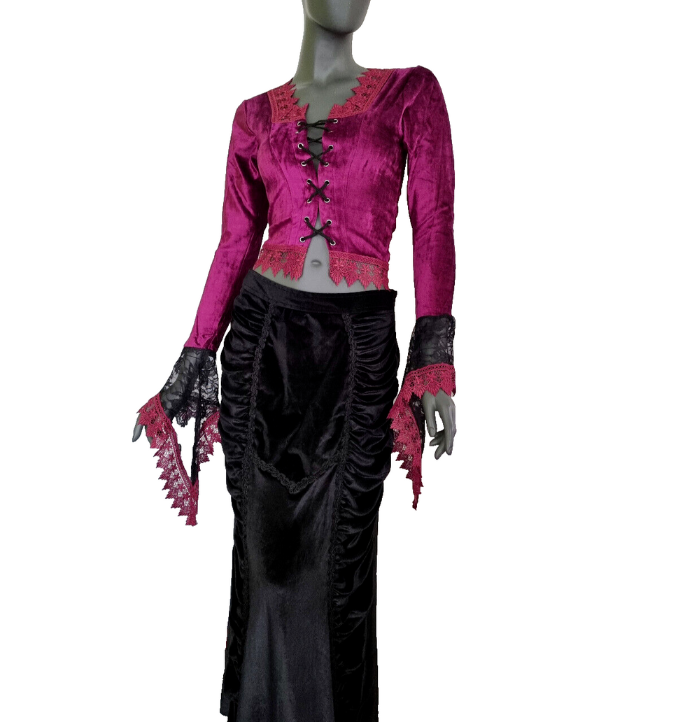Samtbluse Schnürung  Spitze Gothic Victorian Barock Zipfelärmel Gr.36/38