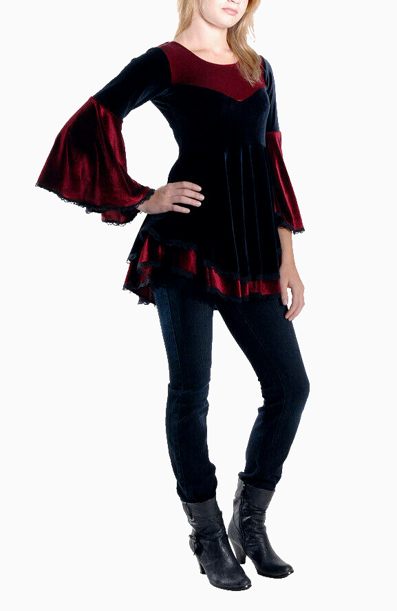 SamtTunika Gothic Witch Medieval Victorian schwarz-bordeaux Larp Gr.34-38