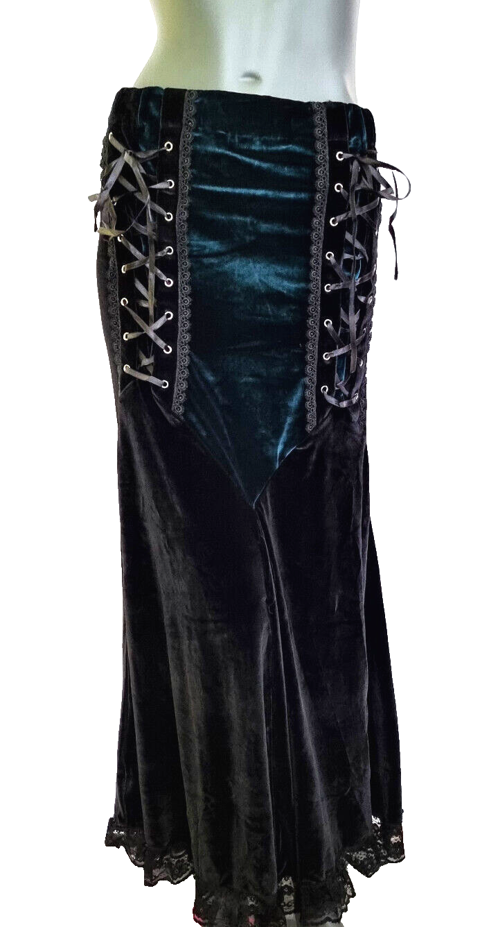 Maxirock Samt  Corsagenlook Gothic Witch Punk Larp schwarz-blau Gr.44-46