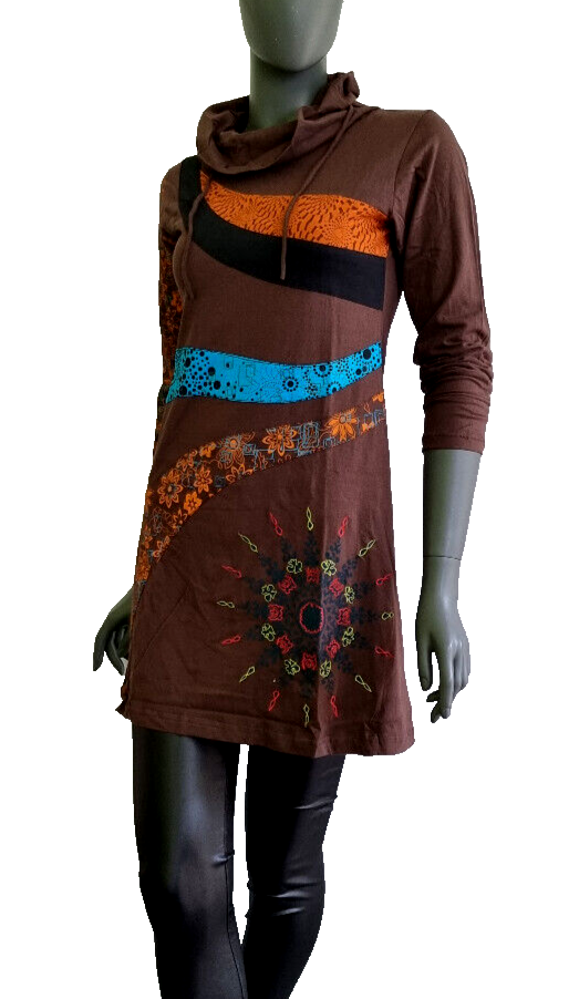 Longsleeve Kleid Nepal Patchwork Ethno Hippie Boho braun Gr. 34/36 kl.38