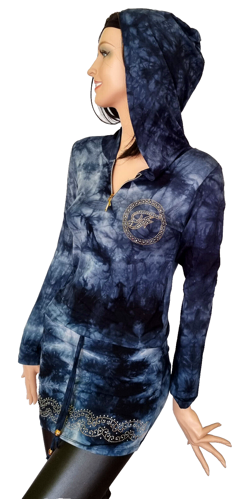 Batik Longshirt Minidress mit Nieten Ornament Kapuze bordeaux Gr.34/36 36/38