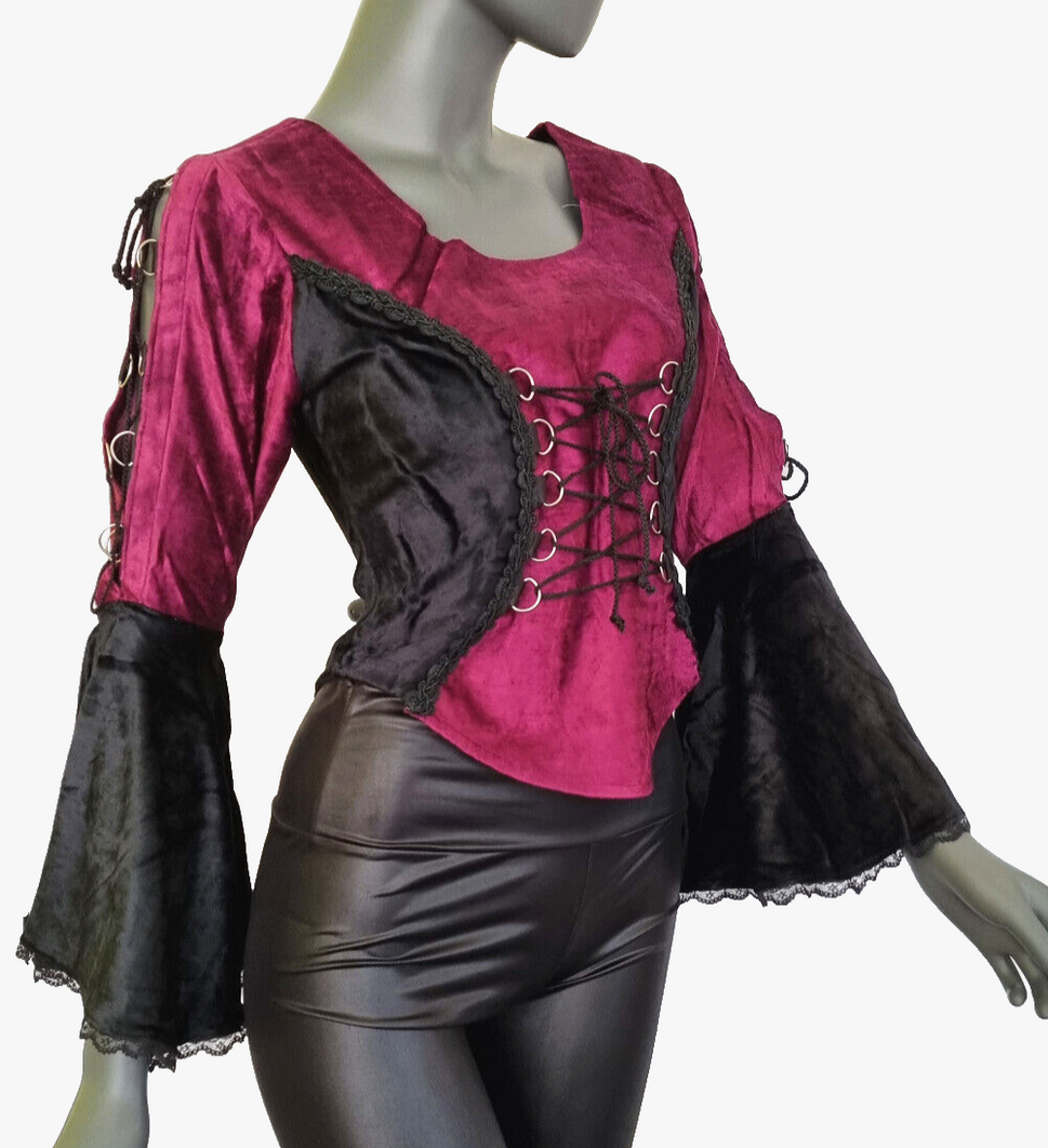 SamtBluse Miederbluse Gothic Larp Witch Medieval schwarz-bordeaux Gr. 36-40
