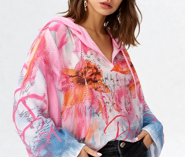 Missy Oversize Hoodie Blusenshirt halbtransparent Chiffon Strass Gr. 36-40