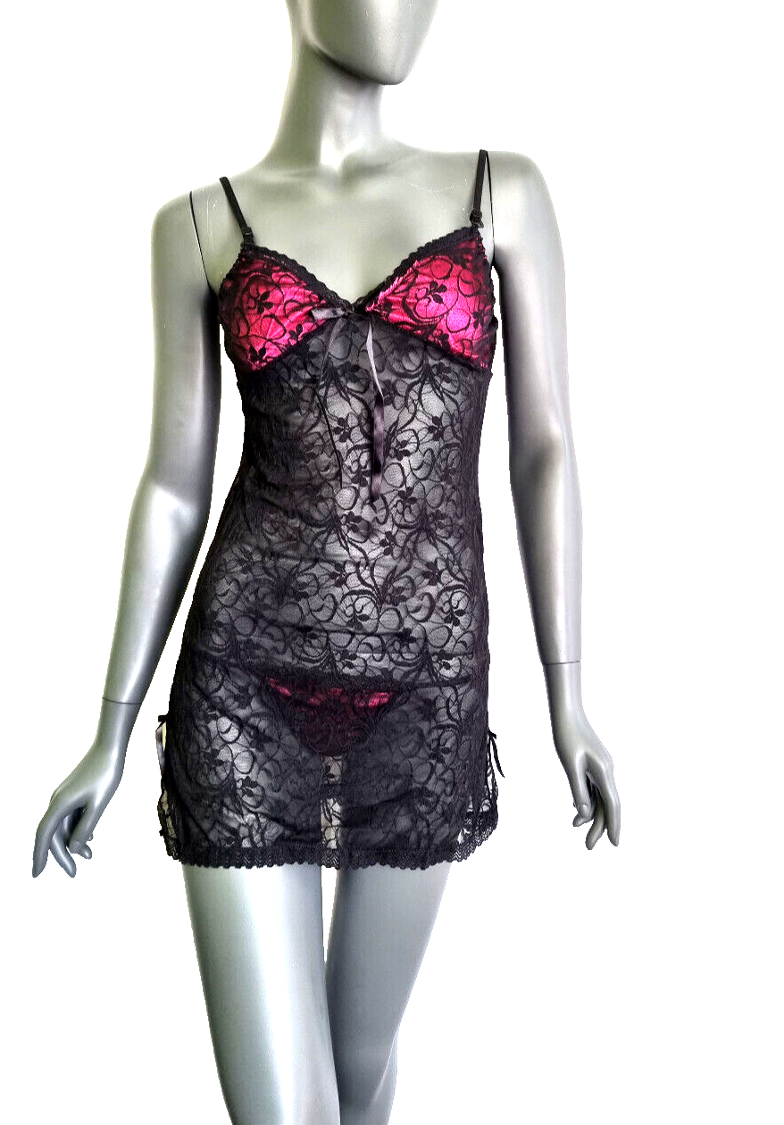 Sexy Negligee Set Mini Kleid String Spitze schwarz pink Gr.34,36,38