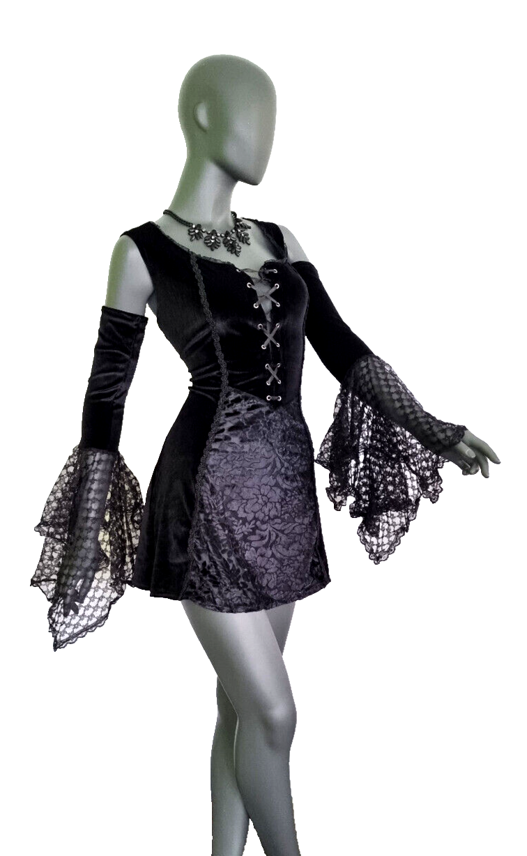 Bäres Samt Longshirt Kleid Gothic  Witch Medieval Punk schwarz Spitze  Gr.38-42