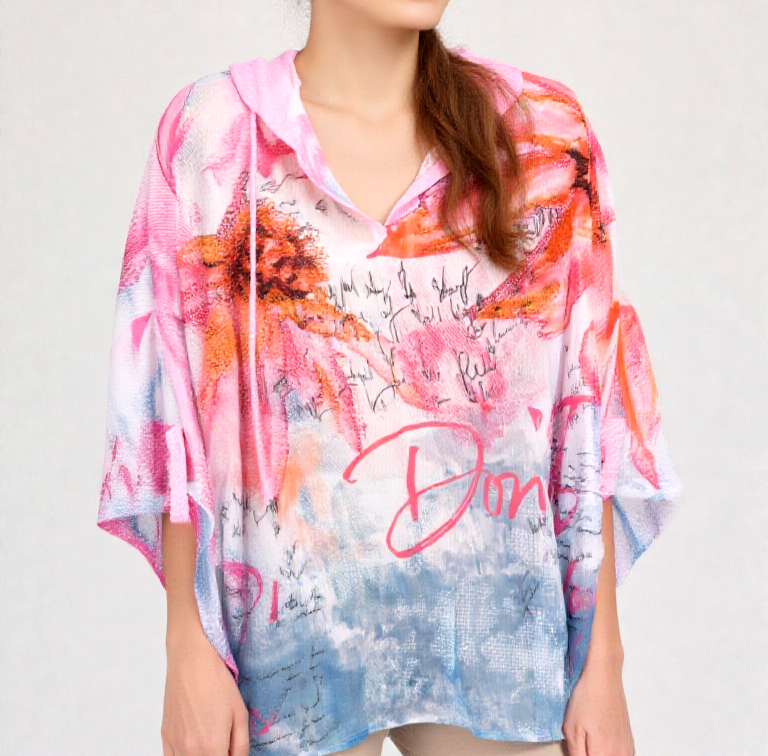 Missy Oversize Hoodie Blusenshirt halbtransparent Chiffon Strass Gr. 36-40