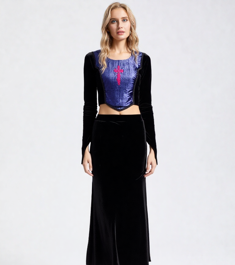 Bäres Corsagen-Top Gothic Cross Samt Stulpenärmel blau Gr.34/36 kleine 38