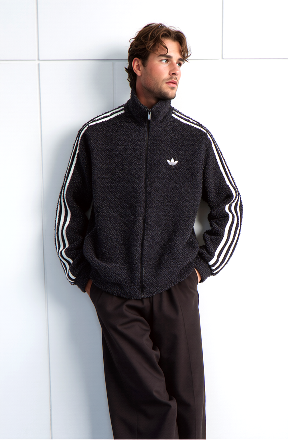 Adidas Firebird Bouclé Übergangsjacke grau schwarz Gr.M