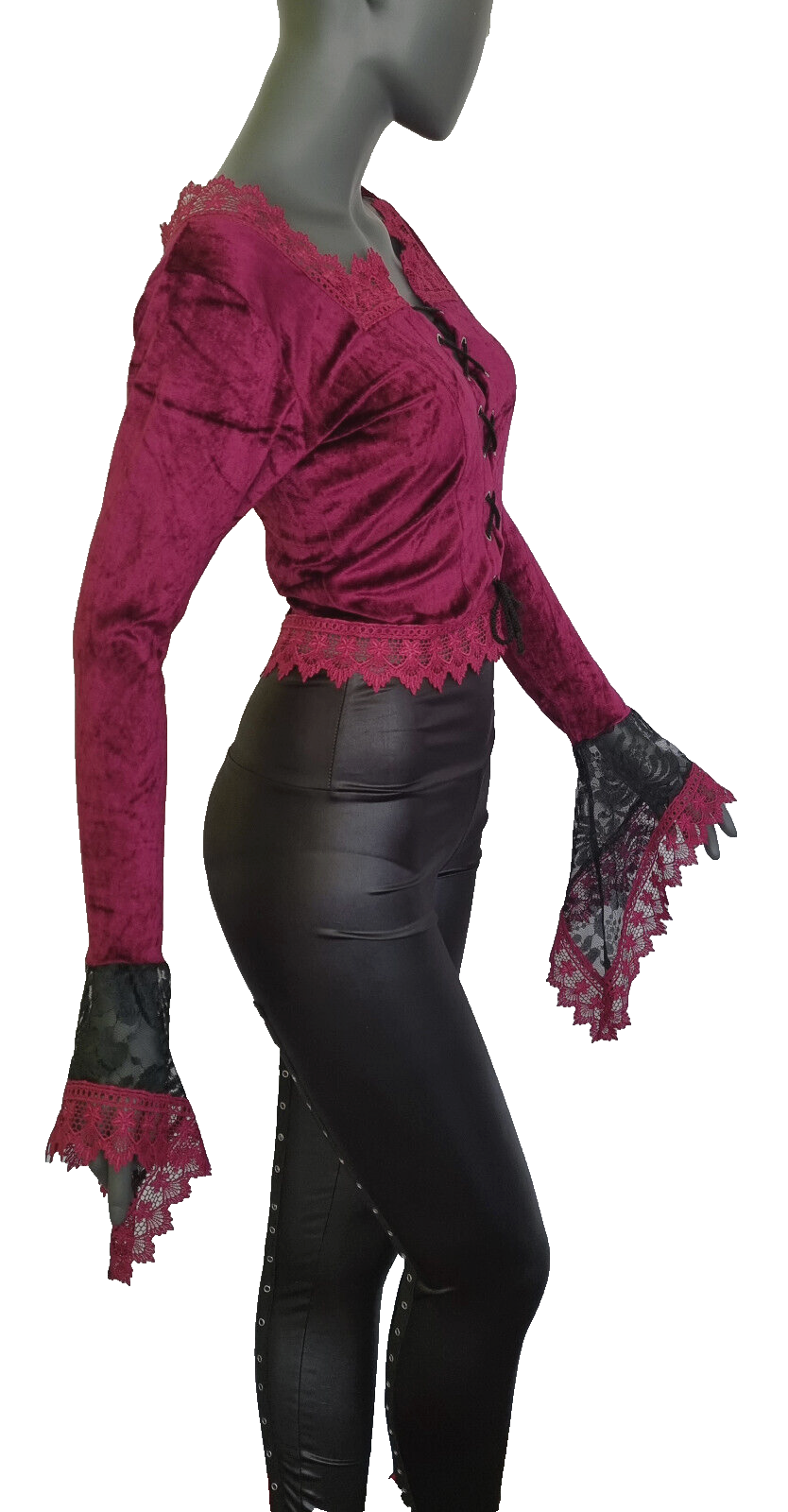 Kurz-Bluse Boho Ethno Gothic bordeaux lila Zipfel Corsagenschnürung 34-38