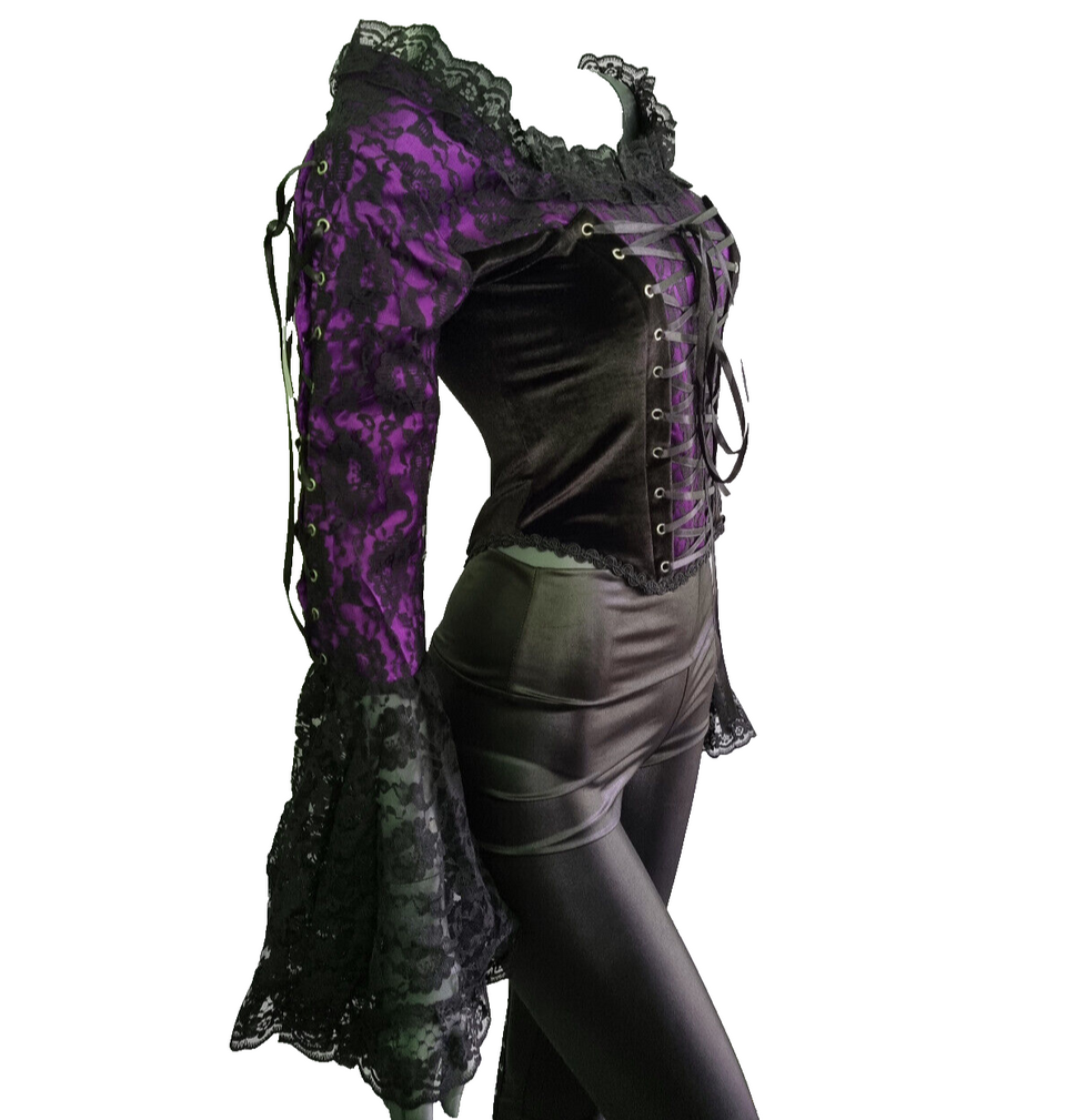 Samt Carmenbluse Mieder Spitze viktorian Barock Gothic Punk Corsagenbluse 34/36