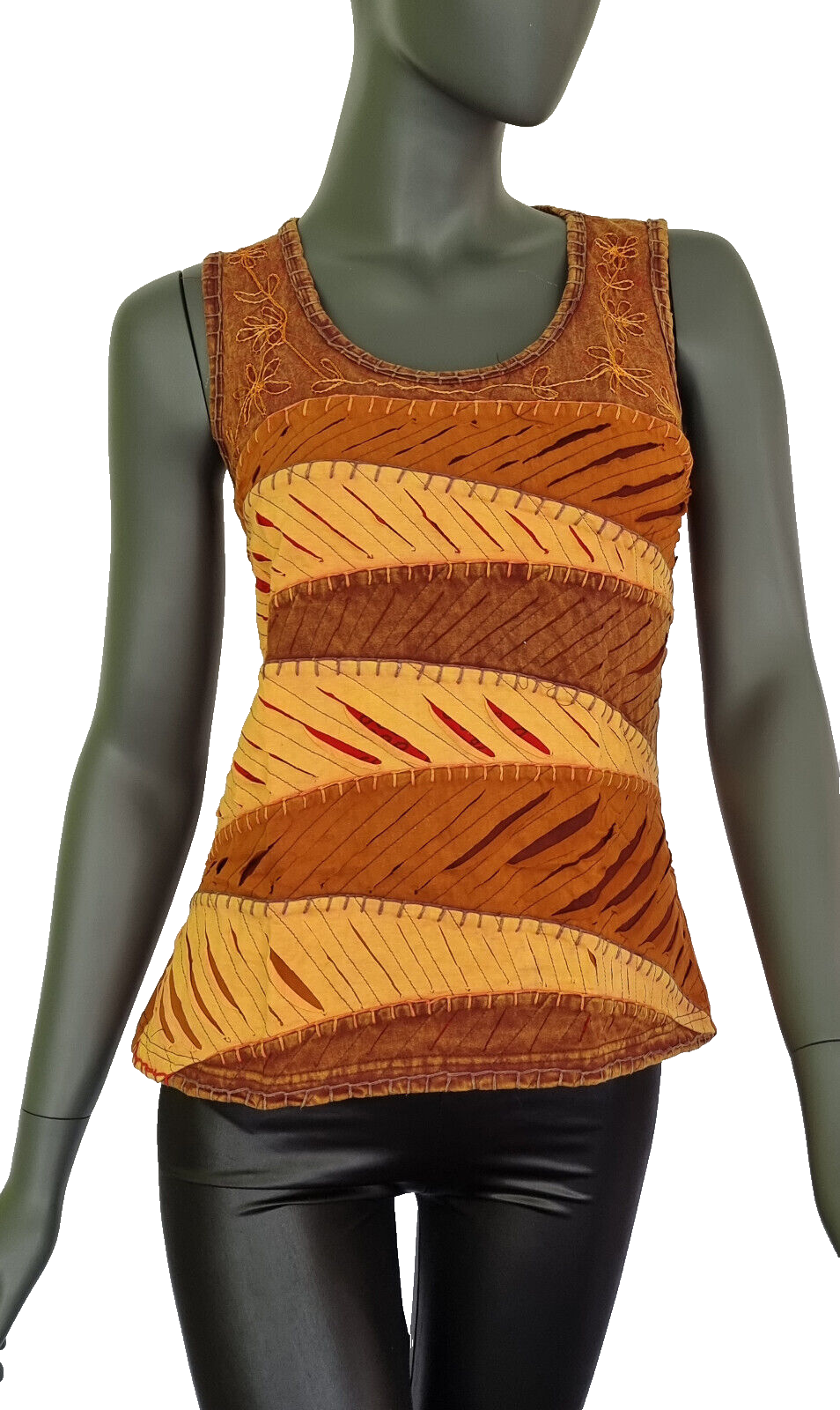 Razor Cut Damen Top Ethno Nepal Flower Hippie Boho Vintage orangebraun Gr.34-38