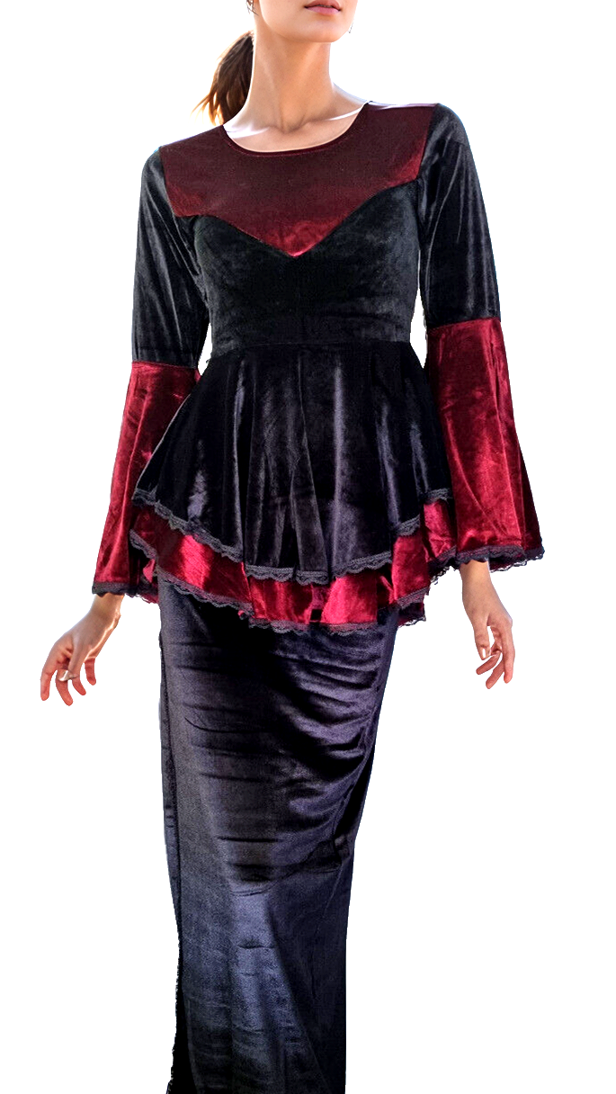 SamtTunika Gothic Witch Medieval Victorian schwarz-rot Larp Gr.38-42